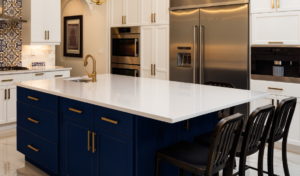 Mansfield Bespoke Kitchen in dark blue with gold handles